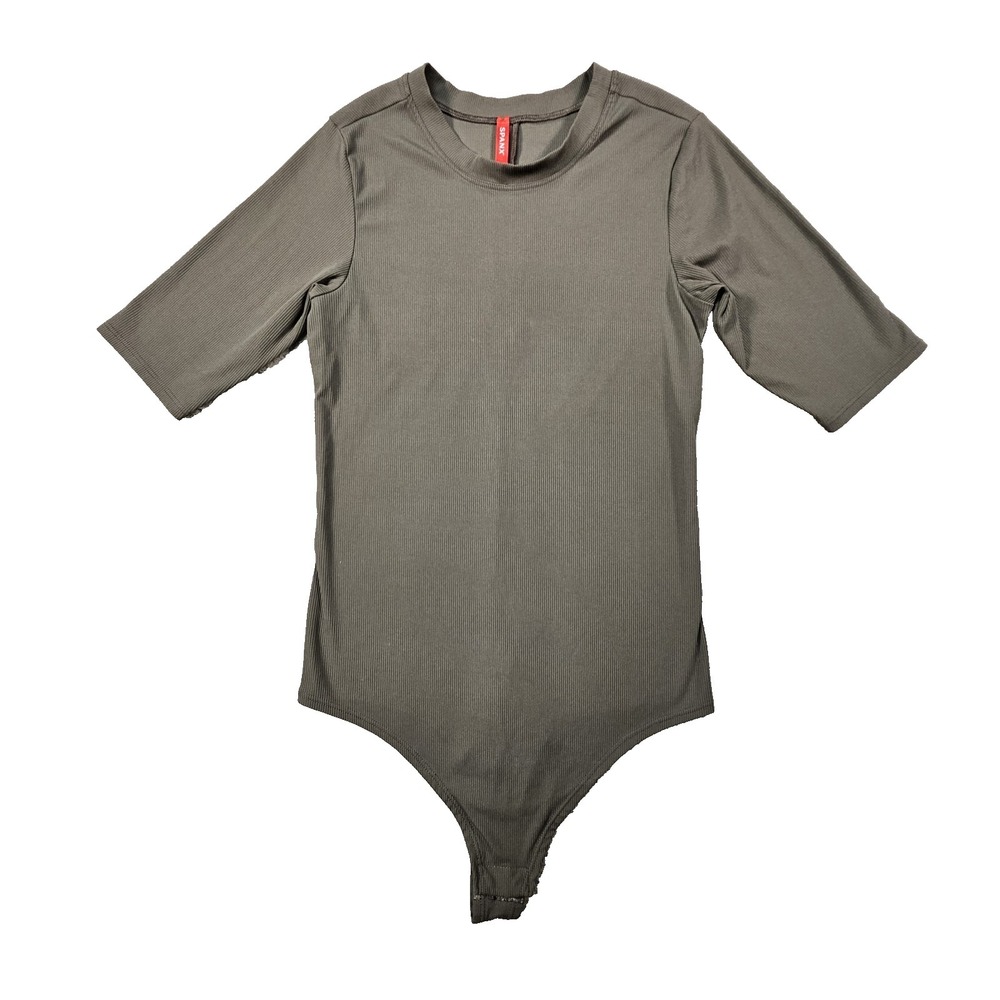 Spanx Suit Yourself Ribbed Short Sleeve Bodysuit Womens S Gray Shapewear Earthy